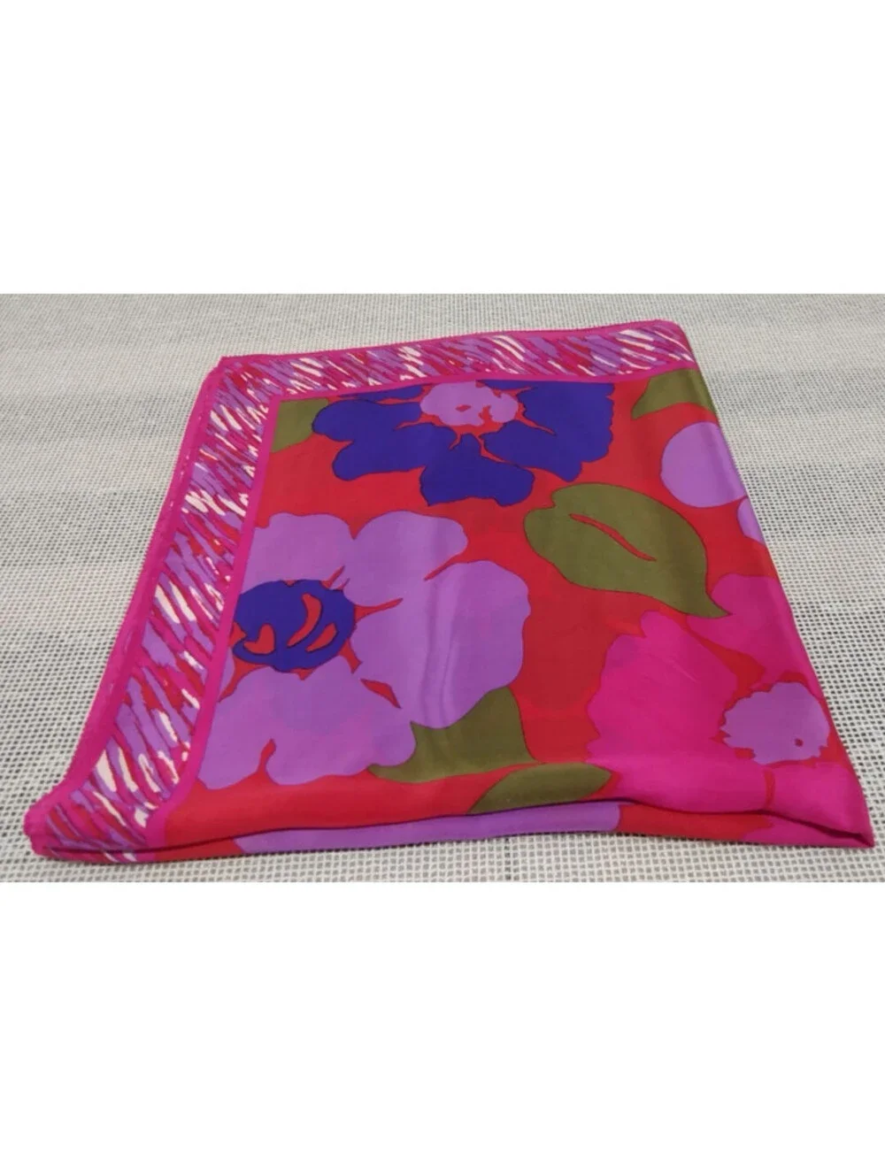 Vintage All Silk Fuchsia Scarf Cobalt Lavender Red Vibrant POP ART FLORAL BORDER